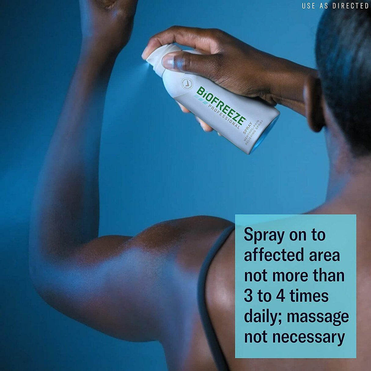 A person sprays Biofreeze Professional Pain Relief Gel, 4 oz Spray by Biofreeze on their upper arm against a blue background. Text reads: Spray onto affected area up to 3-4 times daily; massaging not required.