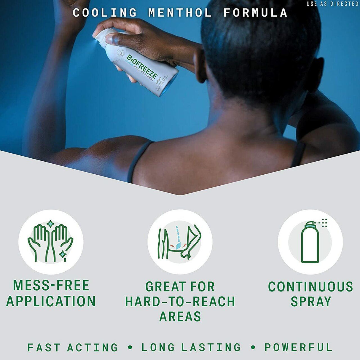 A person sprays Biofreeze Professional Pain Relief Gel, 4 oz Spray, on their upper back. Icons highlight mess-free use, easy access to hard-to-reach spots, and continuous spray. Text notes fast-acting, long-lasting pain relief from Biofreeze.