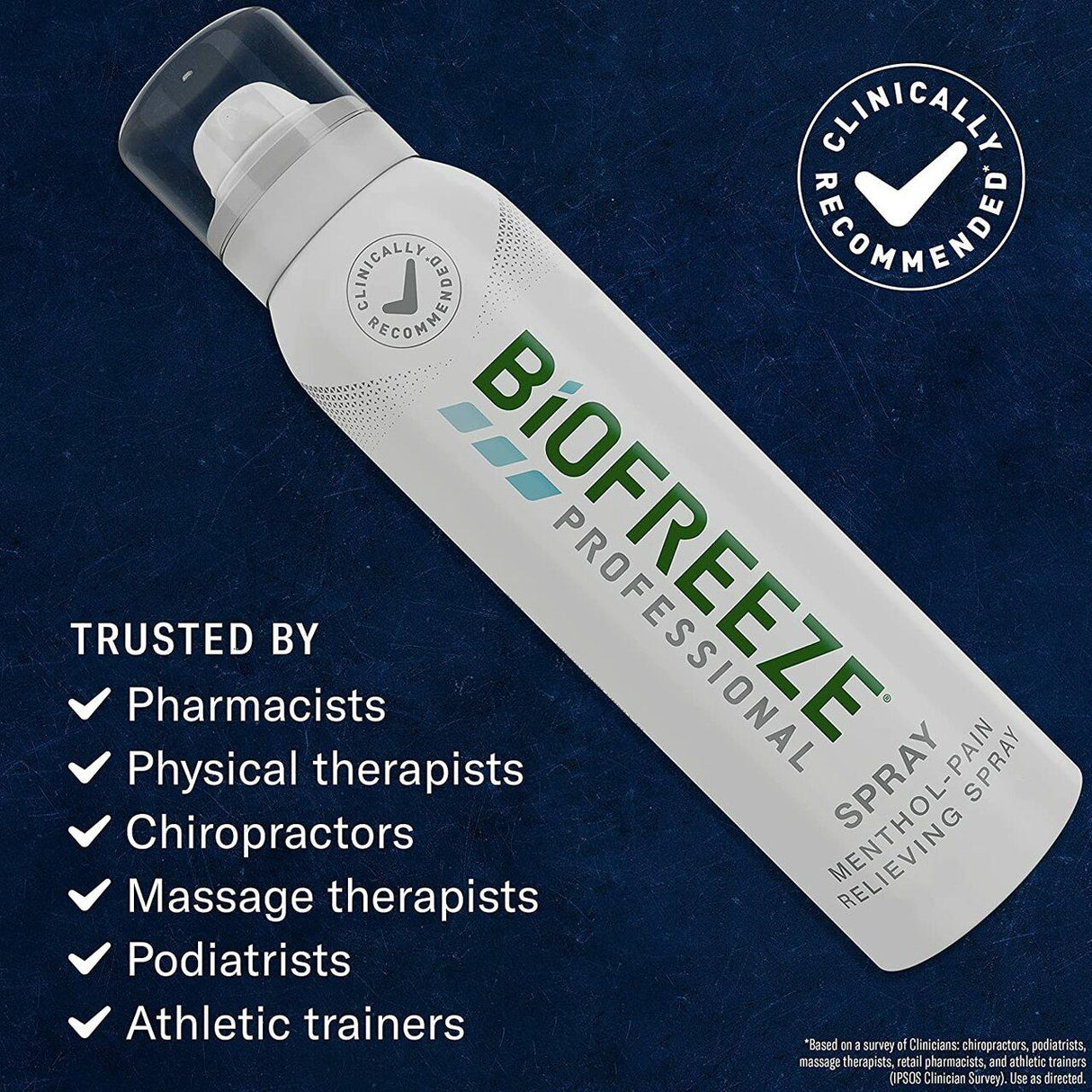 A 4 oz can of Biofreeze Professional Pain Relief Gel Spray is shown on a dark blue background, highlighting that Biofreeze is clinically recommended and trusted by healthcare professionals and athletic trainers for arthritis pain.