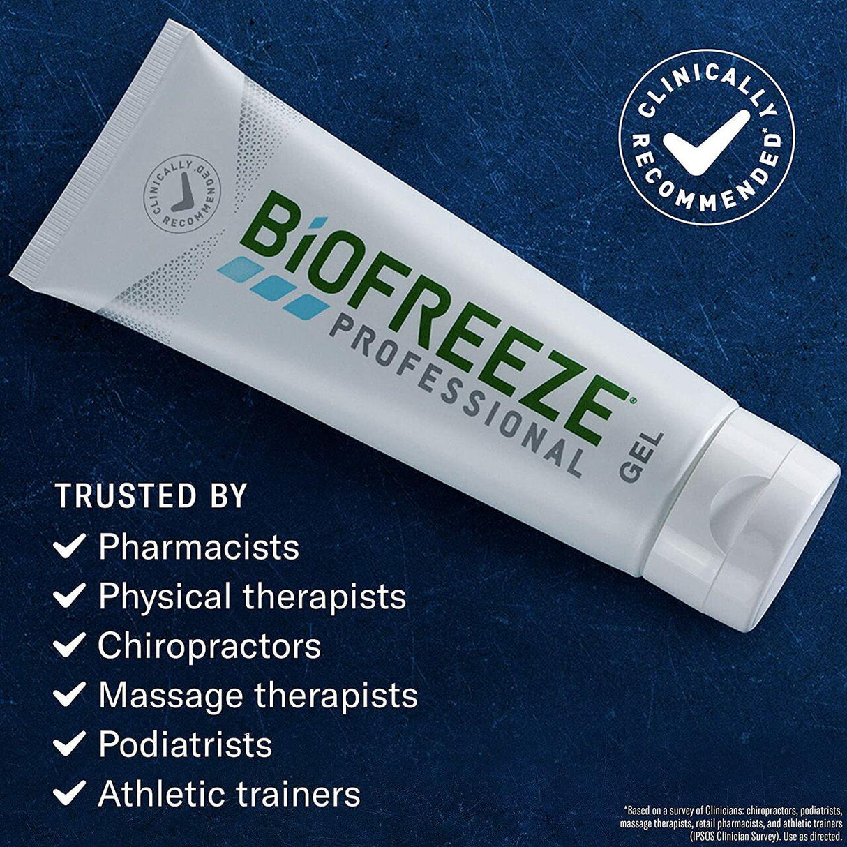 A 4 oz tube of Biofreeze Professional Pain Relief Gel rests on a dark blue surface. Clinically recommended, Biofreeze is trusted by pharmacists, physical therapists, chiropractors, massage therapists, podiatrists, and athletic trainers.