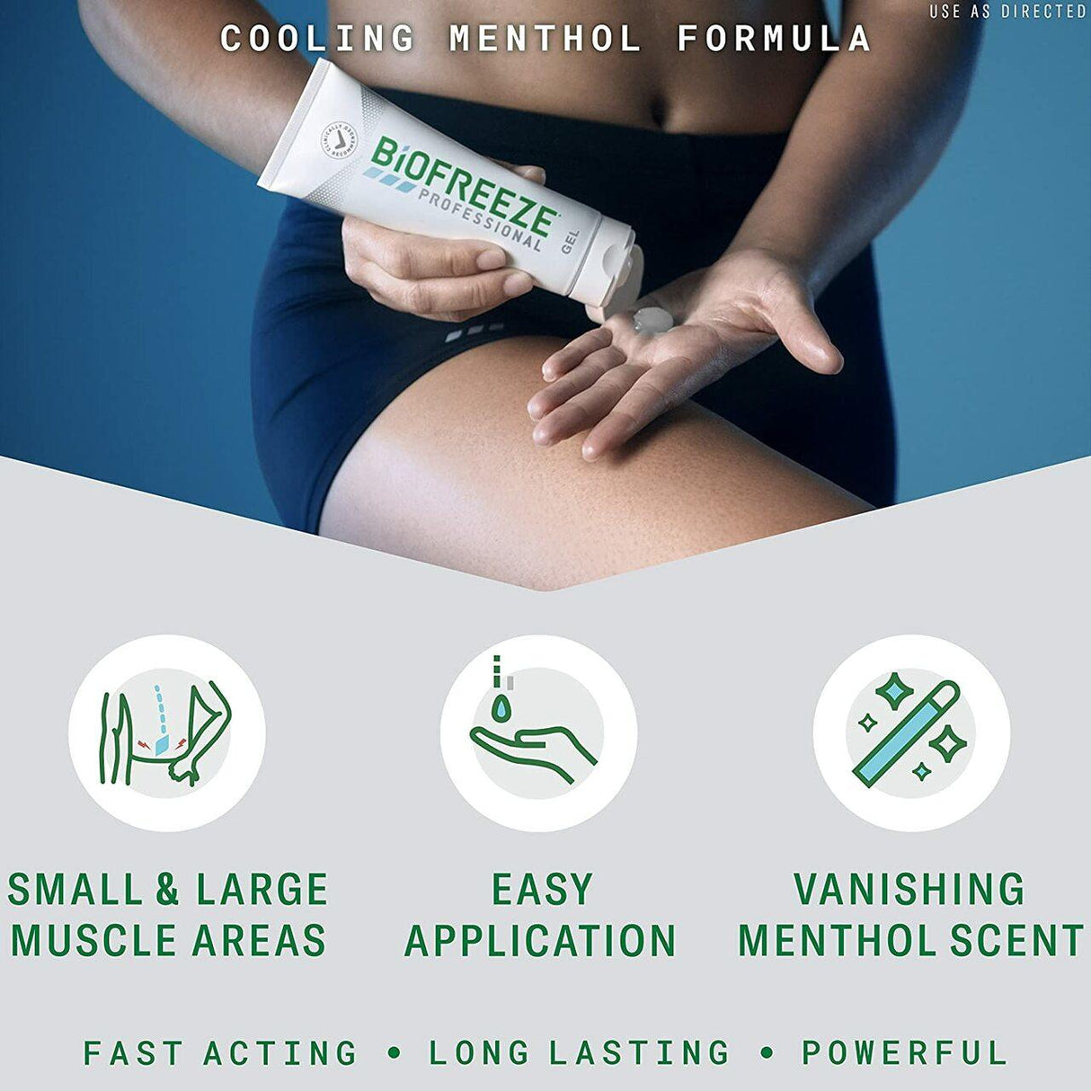 A person applies Biofreeze Professional Pain Relief Gel, 4 oz Tube, to their thigh. This Biofreeze gel features a cooling menthol formula for topical pain relief on small and large muscles, offers easy application, and leaves a vanishing menthol scent.