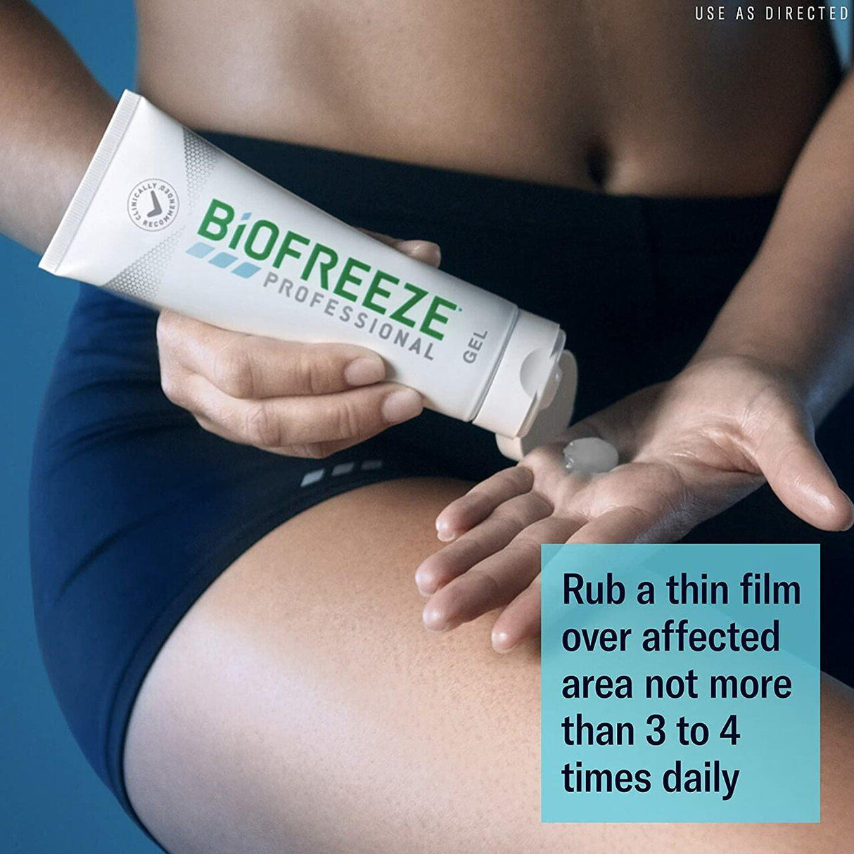 A person applies Biofreeze Professional Pain Relief Gel, 4 oz Tube, by Biofreeze to their hand, with instructions to rub a thin layer on the affected area up to 3-4 times daily for topical arthritis pain relief.