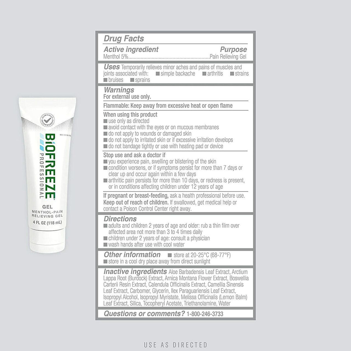 A 4 oz tube of Biofreeze Professional Pain Relief Gel by Biofreeze is placed next to a Drug Facts label detailing active ingredients, warnings, usage directions, inactive ingredients, and a customer service number.
