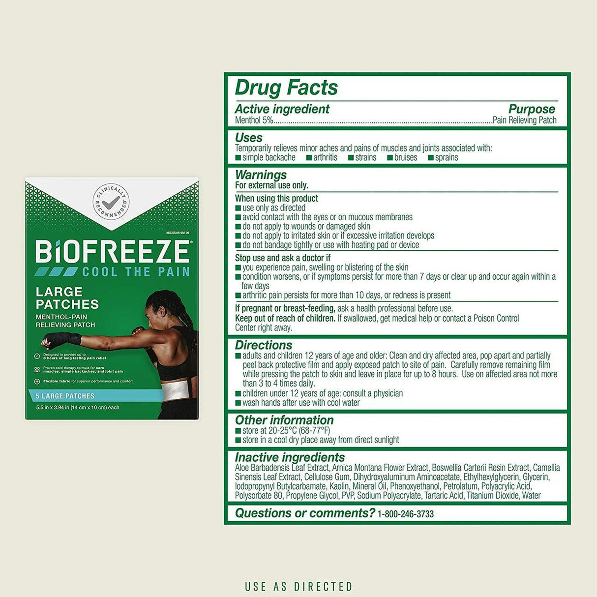 Biofreeze Professional Pain Relief Patch, Box, Large Patches by Biofreeze shown with drug facts (menthol 5% as active ingredient), directions, usage, warnings, and a photo of a woman applying the patch to her upper back for arthritis pain relief.