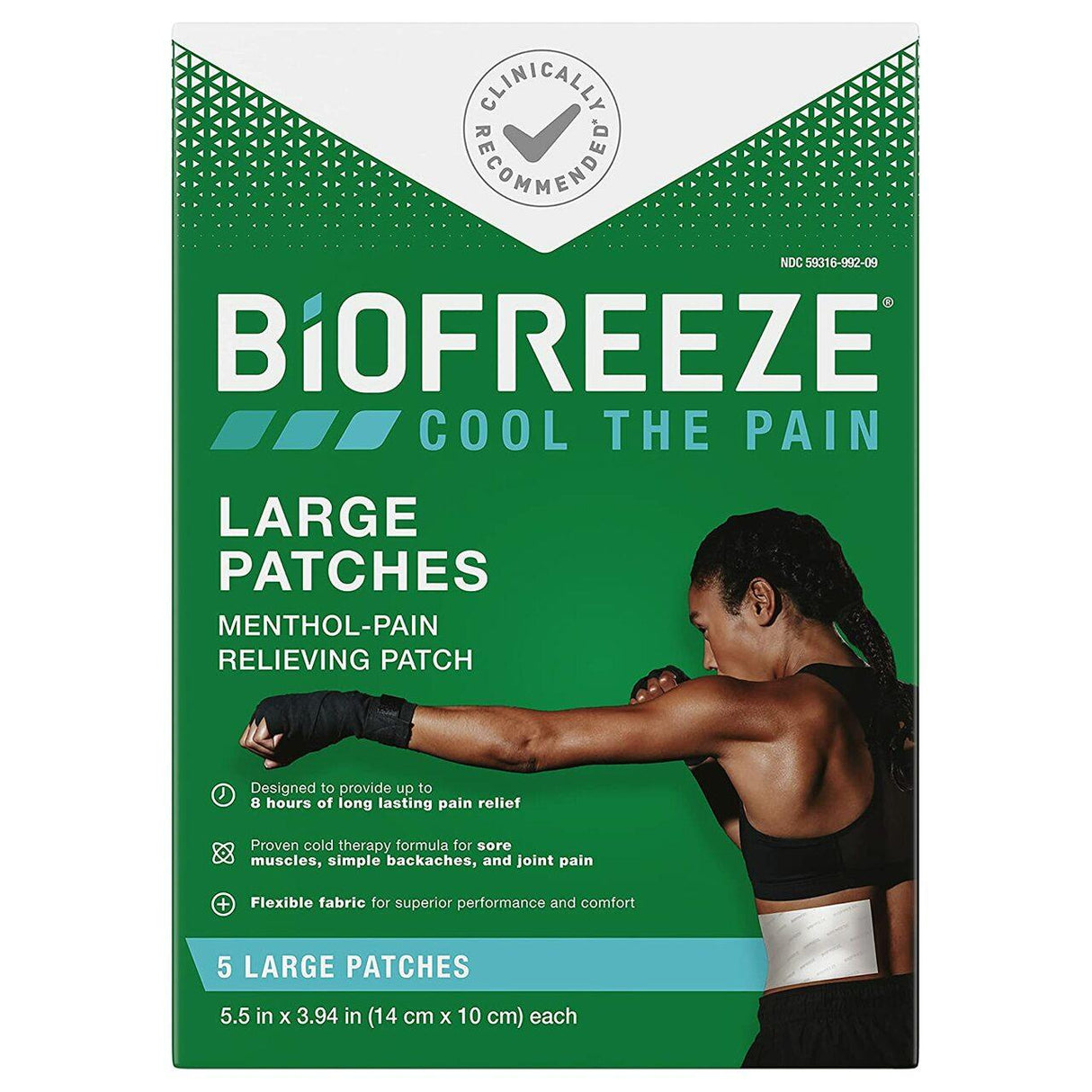 Biofreeze Professional Pain Relief Patch, Box of 5 large patches, shown with a woman applying one to her upper arm. Highlights include menthol topical pain relief, flexible fabric, and effective arthritis pain relief. Brand: Biofreeze.