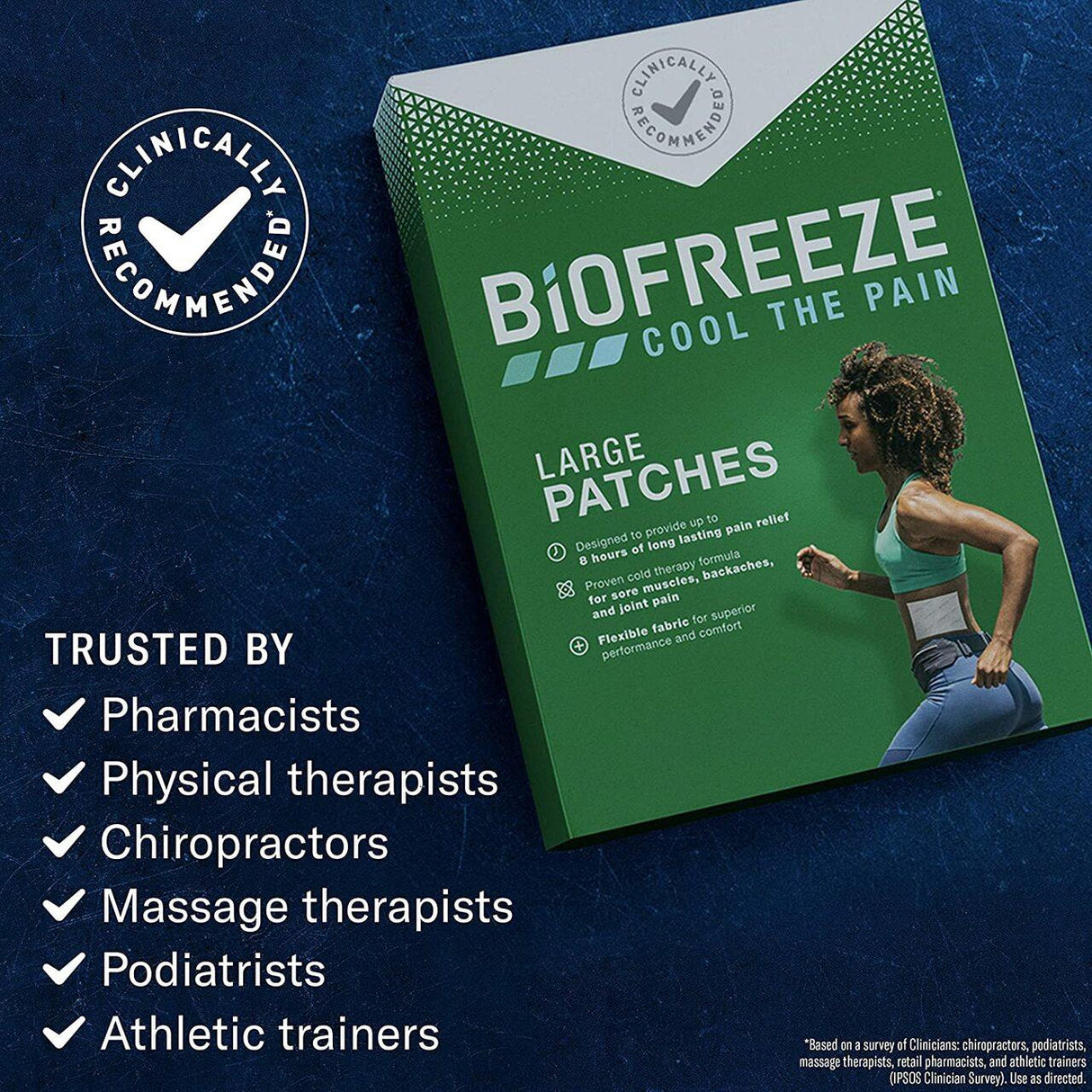 Biofreeze Professional Pain Relief Patch, Box, Large Patches—clinically recommended topical pain relief, trusted by pharmacists, physical therapists, chiropractors, massage therapists, podiatrists & athletic trainers.