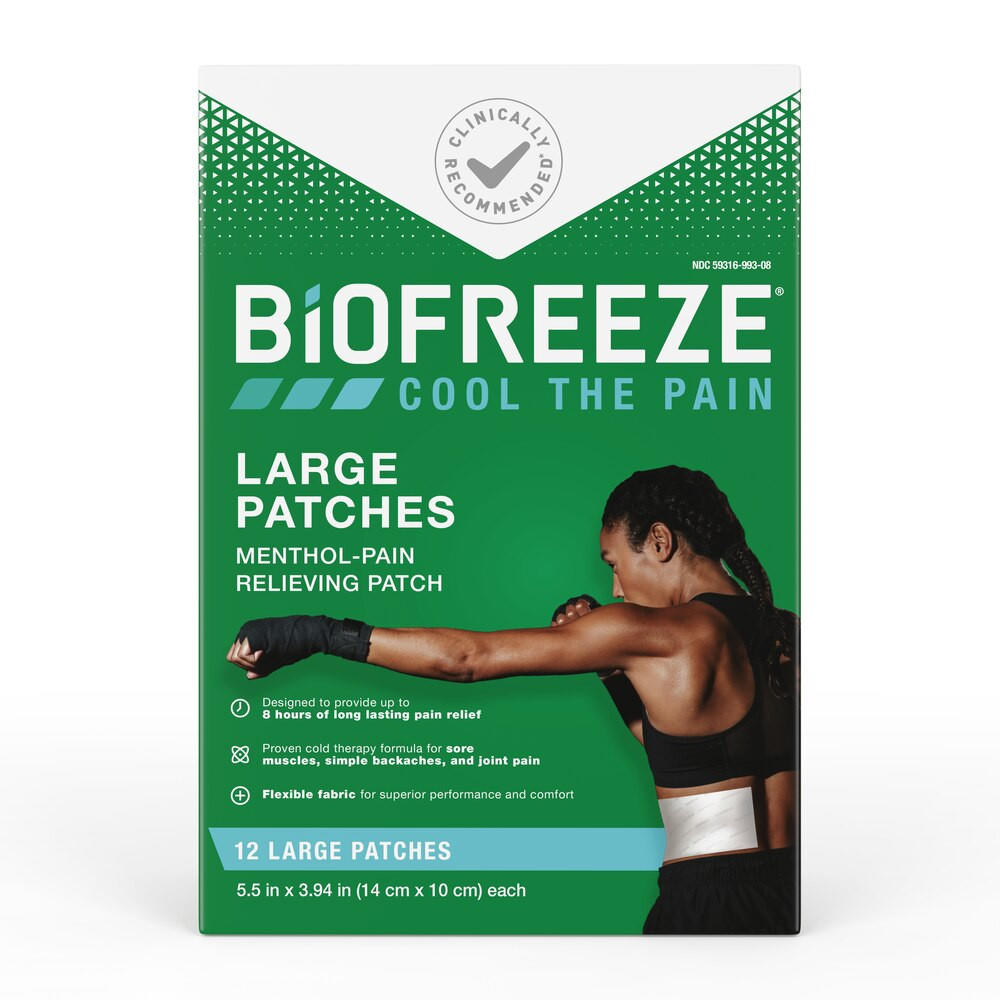 Biofreeze Professional Pain Relief Patch, Box of 12 large patches, offers topical pain relief for arthritis. The green and white packaging shows a woman applying a patch to her upper arm. Brand: Biofreeze.