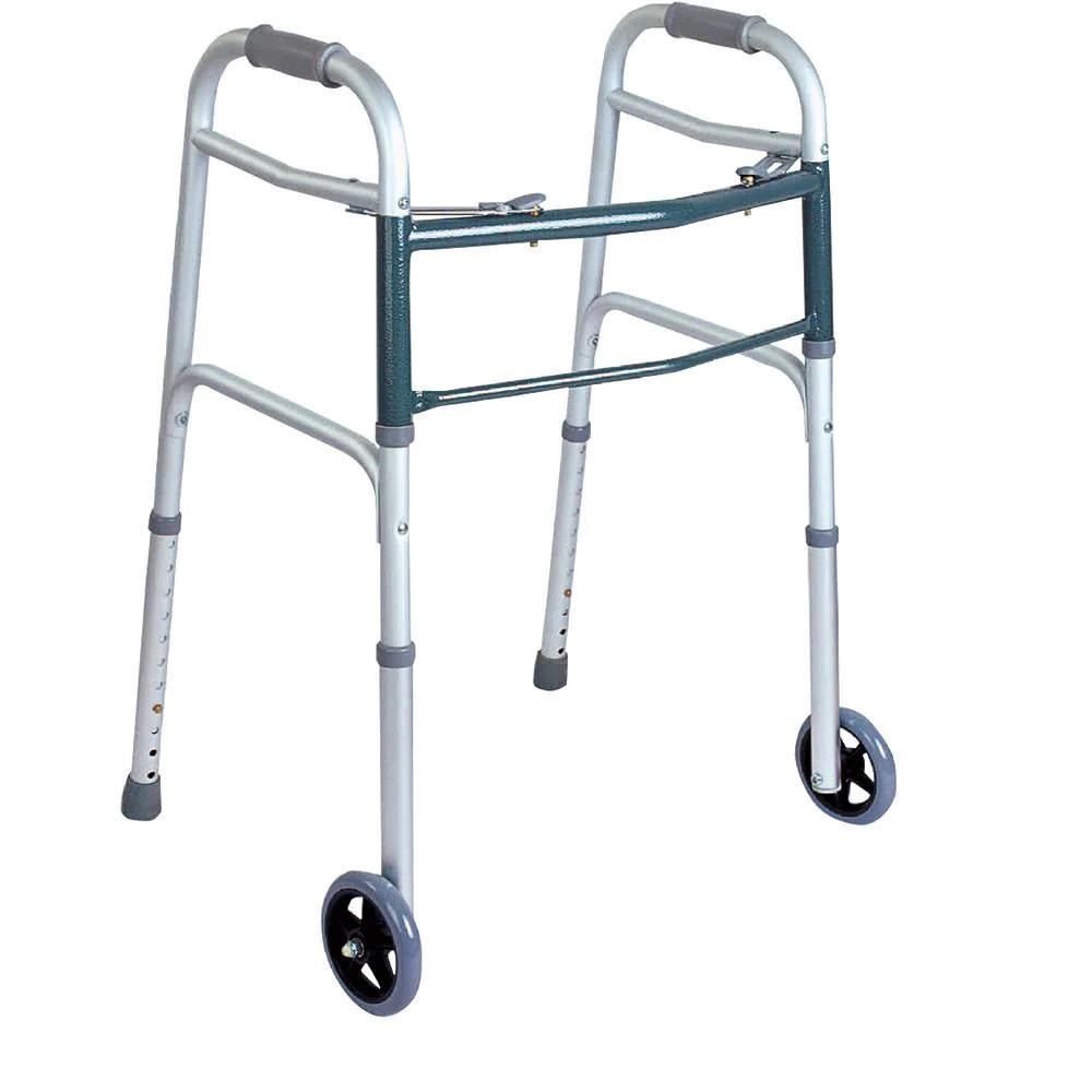 The BodyMed 2 Button Folding Walker w/ Wheels by BodyMed features a lightweight silver aluminum frame, two front wheels, two rear legs without wheels, and adjustable height for comfortable mobility support.