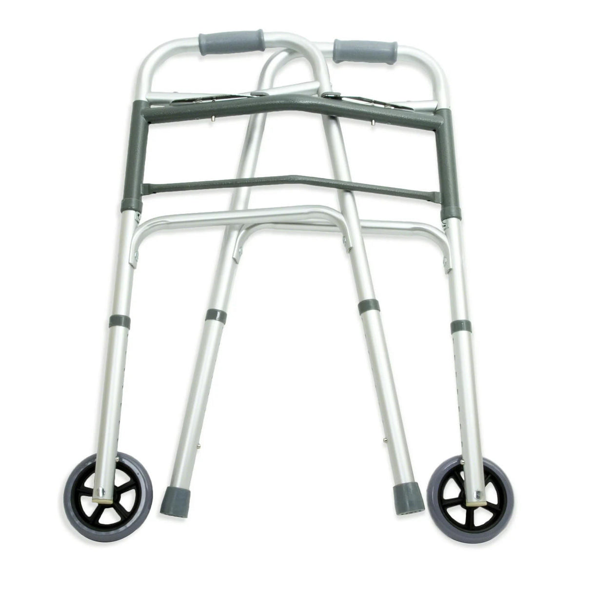 The BodyMed 2 Button Folding Walker with Wheels by BodyMed is a lightweight, foldable silver walker featuring two front wheels, hand grips, and adjustable height to assist with mobility.