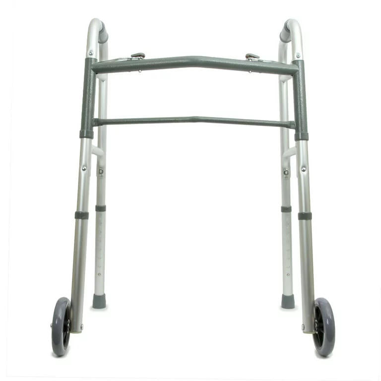 The BodyMed 2 Button Folding Walker w/ Wheels by BodyMed features a lightweight aluminum frame, two front wheels, back legs without wheels, and adjustable height for a comfortable, personalized fit for those with mobility challenges.