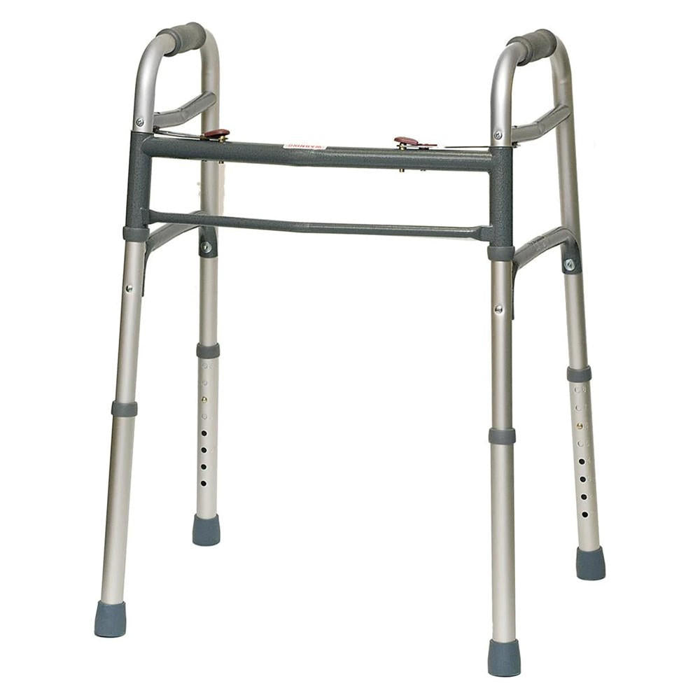 The BodyMed 2 Button Folding Walker w/o Wheels by BodyMed features a lightweight aluminum frame, four legs with rubber tips for stability, and two horizontal support bars to assist users who need help walking.