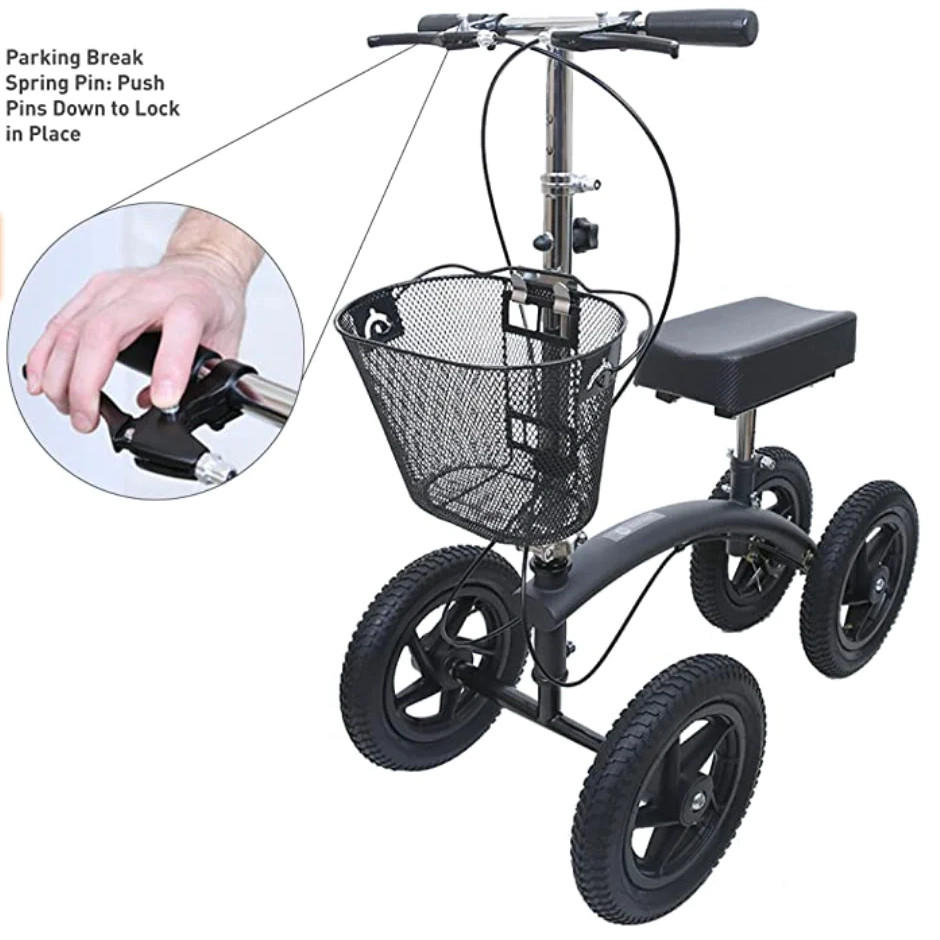 The BodyMed All-Terrain Knee Walker by BodyMed features four wheels, a metal basket, padded knee rest, and hand brakes. An inset displays a hand locking the parking brake pin, with text explaining how to secure it in place.