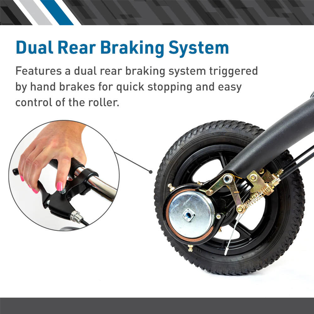 A close-up of the BodyMed All-Terrain Knee Walker wheel shows its advanced dual rear braking system, with an inset of a hand squeezing the brake lever—highlighting BodyMed’s enhanced control and stopping power.