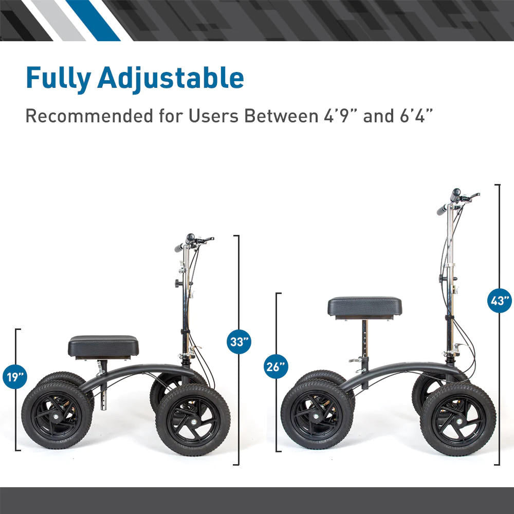 Two mobility devices with adjustable seat and handlebar heights are shown. The left device is the BodyMed All-Terrain Knee Walker by BodyMed, with a 26 seat and 43 handlebar. Recommended for users 49–64 inches tall.