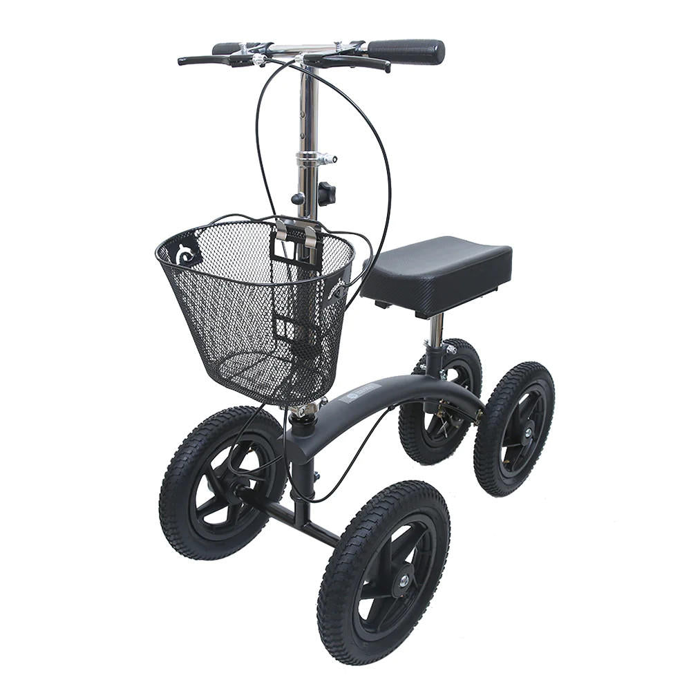 The BodyMed All-Terrain Knee Walker by BodyMed is a black knee walker featuring four large wheels, handlebars, a padded knee rest, and a front wire mesh basket.