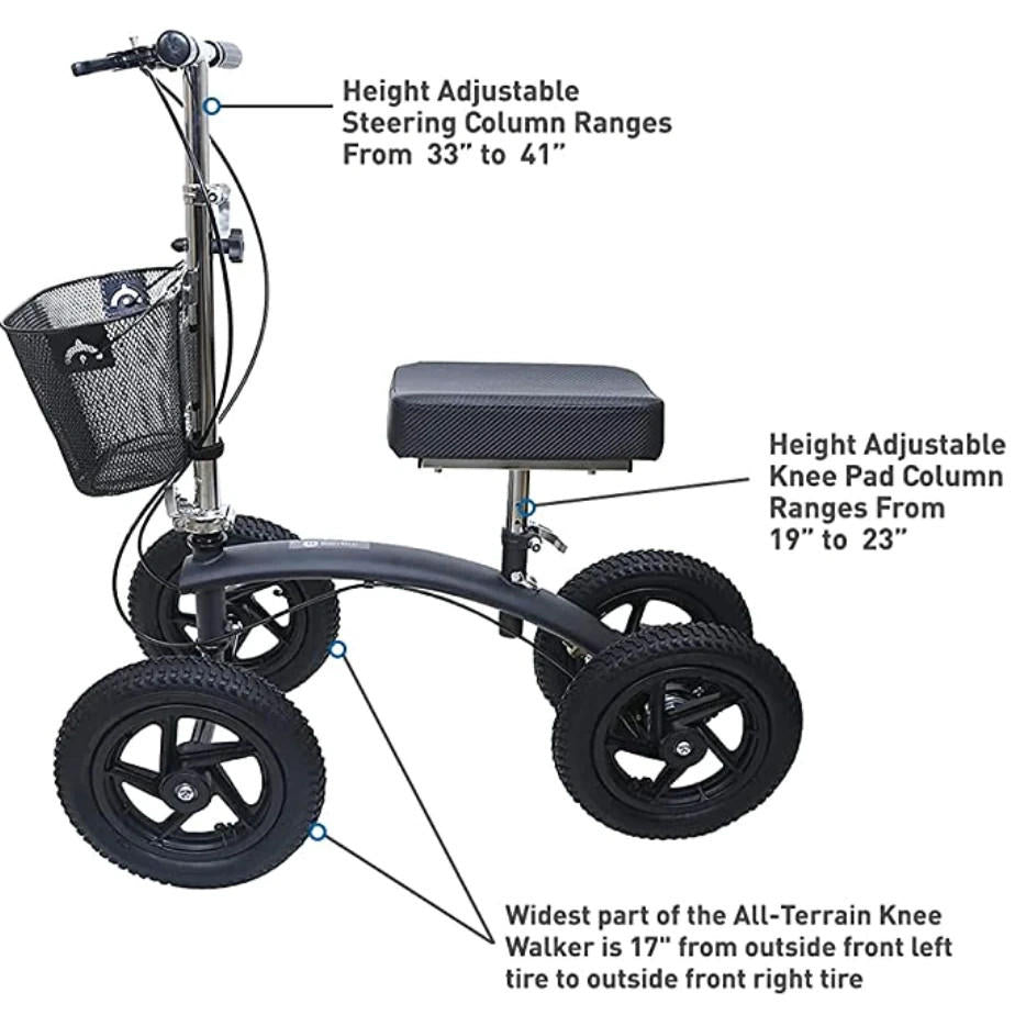 The BodyMed All-Terrain Knee Walker by BodyMed features large wheels, a black cushioned knee pad, front basket, height-adjustable steering (33”-41”) and knee pad (19”-23”), and is 17 wide across the front tires.