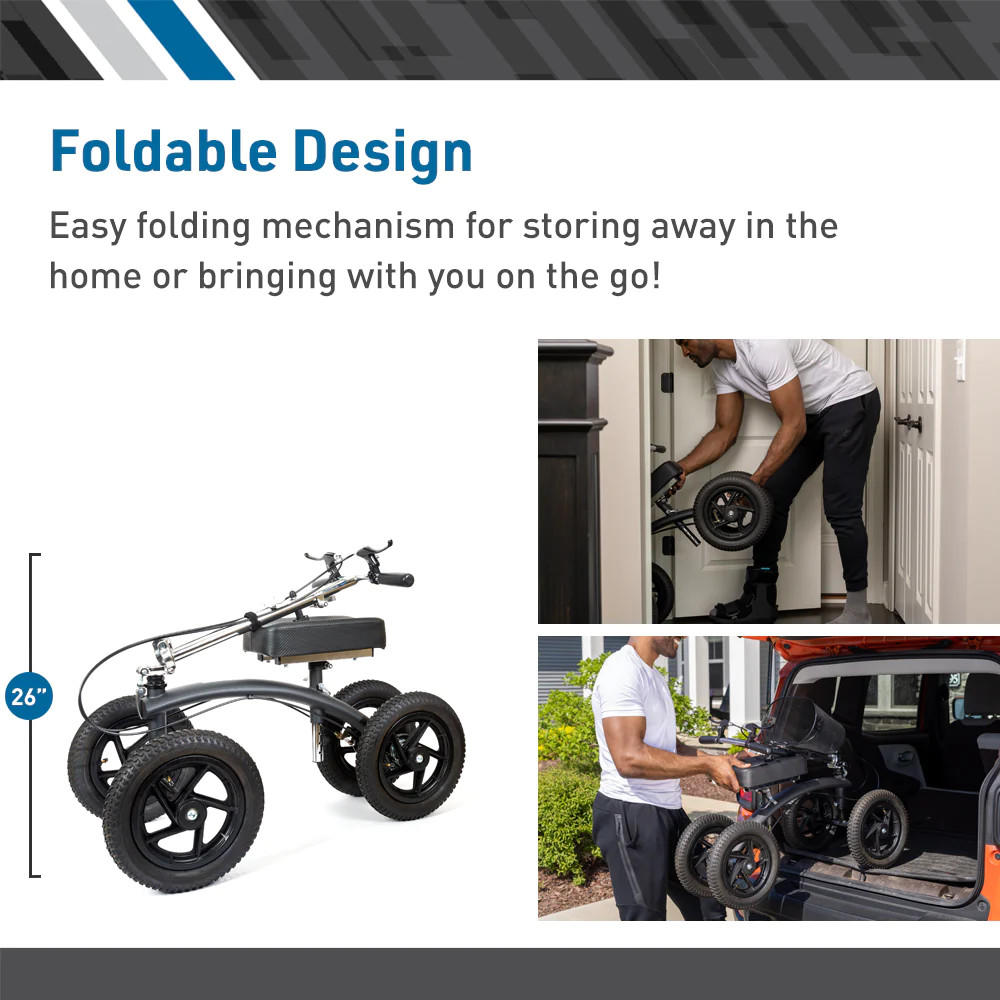 The BodyMed All-Terrain Knee Walker by BodyMed features a foldable, three-wheel orthopedic design. Images show its compact 26-inch folded height and demonstrate easy folding for storage by a door or in a vehicle trunk.