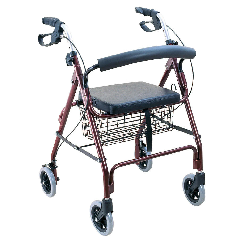 The BodyMed Aluminum Rollator with 6-inch Wheels features hand brakes, a padded seat, and a metal storage basket, offering comfort and convenience in a durable red frame.