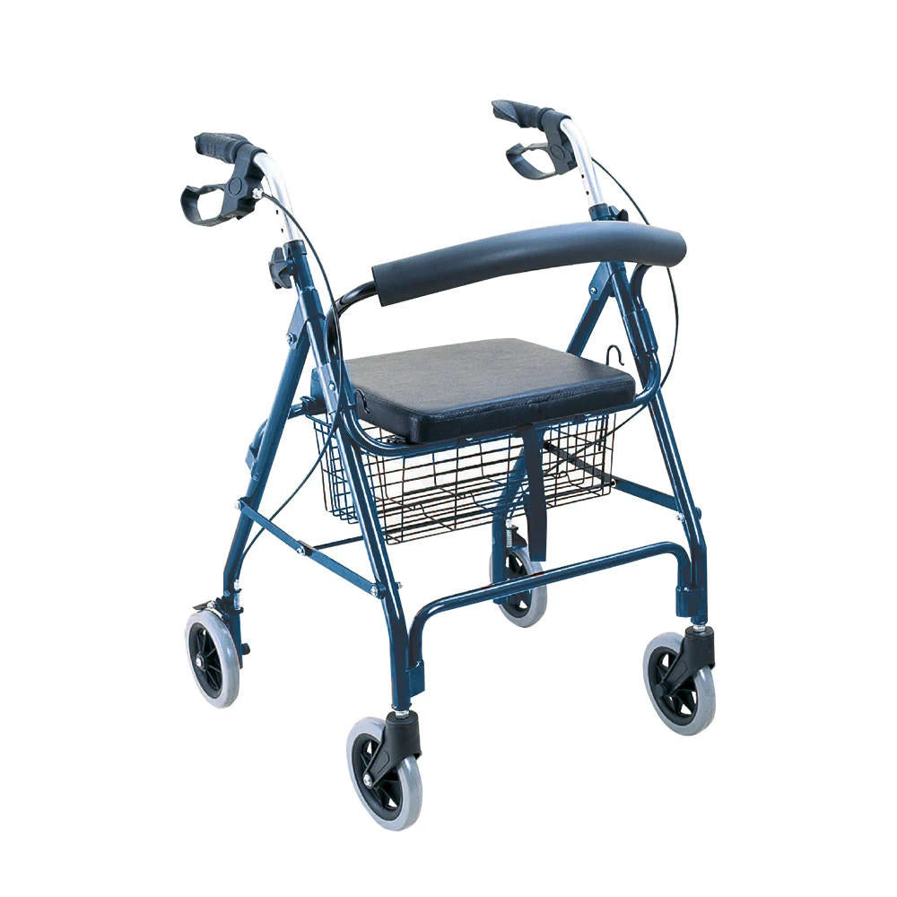 The BodyMed Aluminum Rollator with 6-inch Wheels features a blue frame, four wheels, padded seat, black backrest, hand brakes, and a wire basket underneath for comfort and convenience.