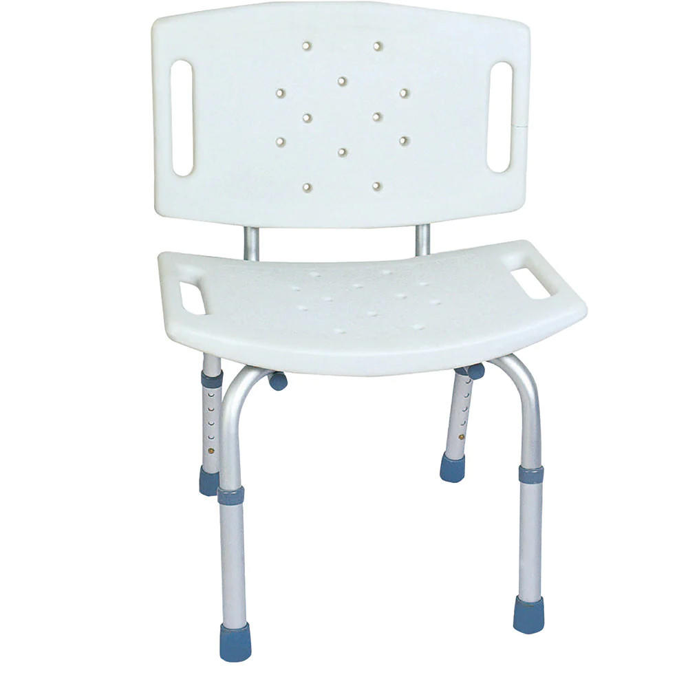 The BodyMed Aluminum Shower Chair by BodyMed is a white plastic, adjustable seat with backrest, drainage holes, side handles, and sturdy aluminum legs with blue non-slip rubber tips for stability.
