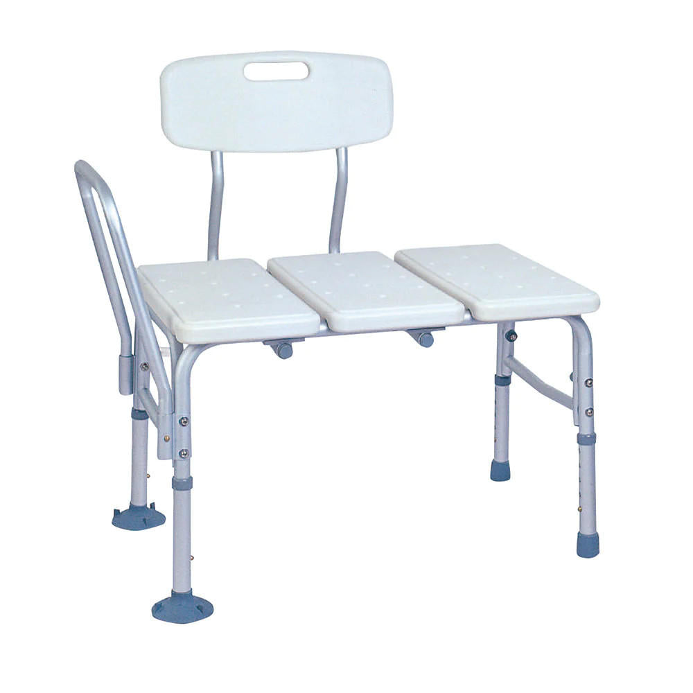 The BodyMed Aluminum Transfer Bench by BodyMed is a white and silver aluminum bench with backrest, armrest, and adjustable legs, designed for safe and comfortable bathroom use.