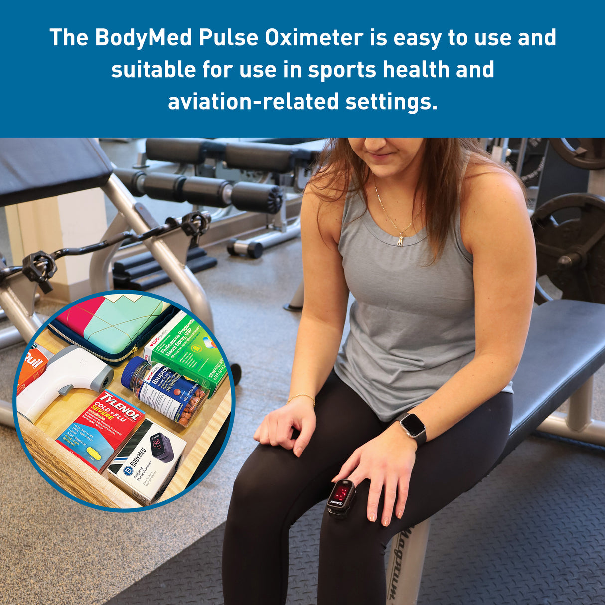 A woman sits on a gym bench using the BodyMed Fingertip Pulse Oximeter, LED Display, to check her SpO2. An inset shows the BodyMed box and other health supplies. Text emphasizes its value as a pulse and oxygen monitor for sports and aviation.