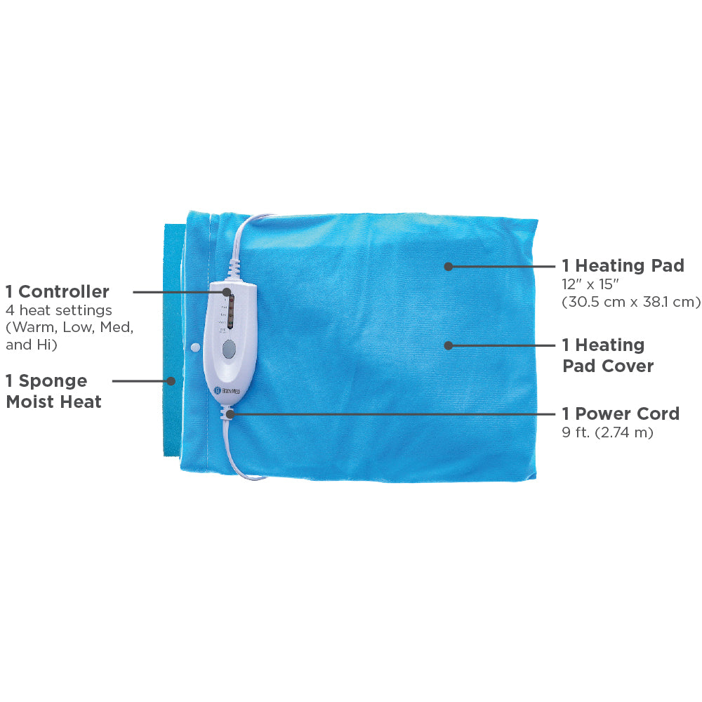 The BodyMed LED Moist & Dry Heating Pad features a blue 12”x15” pad, white LED controller with 4 heat settings, sponge for muscle strain relief, and a 9 ft cord. Brand: BodyMed.