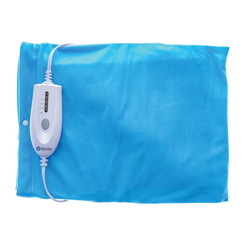 The BodyMed LED Moist & Dry Heating Pad by BodyMed is a blue pad with a white wired controller featuring temperature buttons and indicator lights, designed for muscle strain relief, shown on a white background.