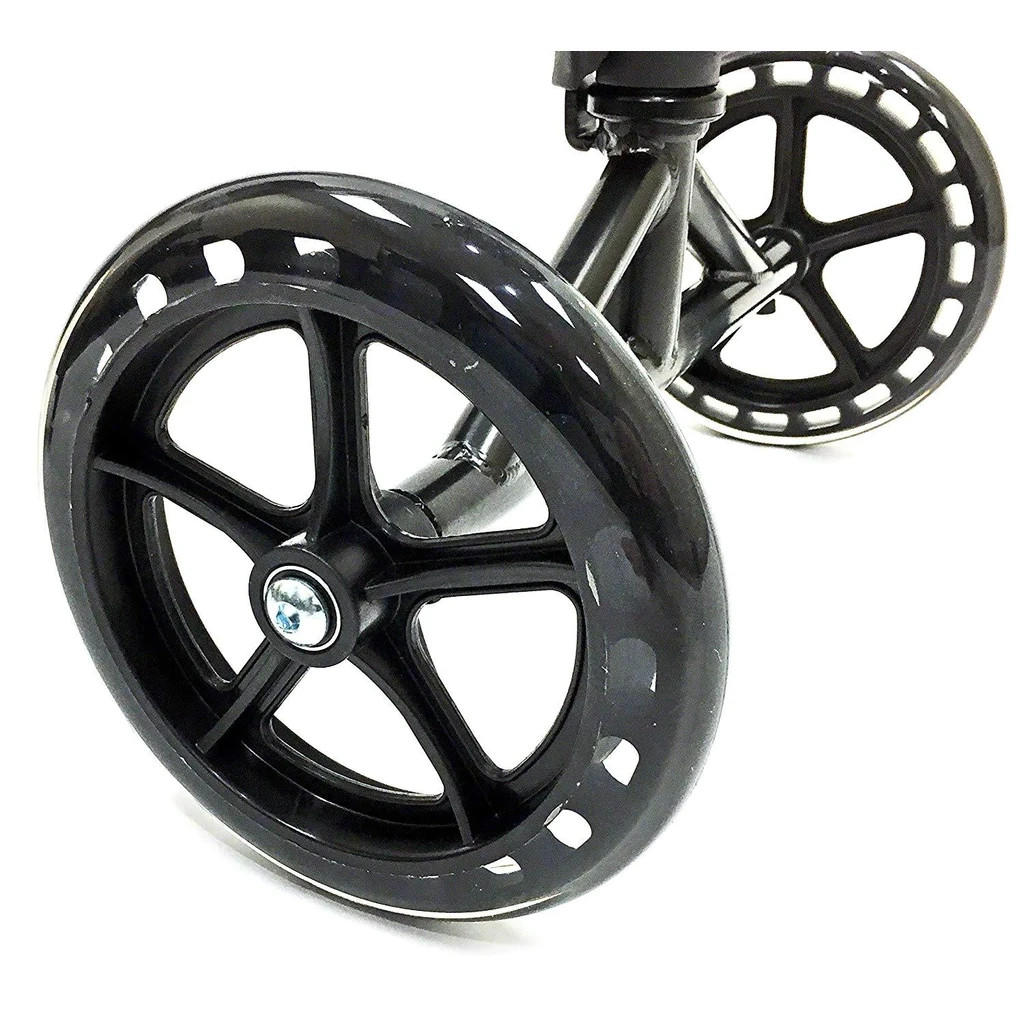 Close-up of a black plastic wheel with open spokes, attached to the metal frame of the BodyMed Premium Knee Walker by BodyMed, featuring a visible central bolt.