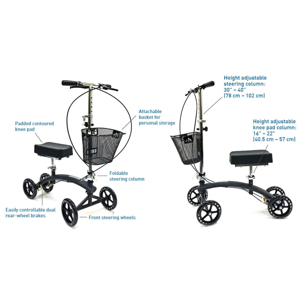 Two views of the BodyMed Premium Knee Walker by BodyMed, a reliable mobility aid with four wheels, padded contoured knee rest, attachable basket, front steering wheels, rear brakes, and height-adjustable steering column and knee pad.