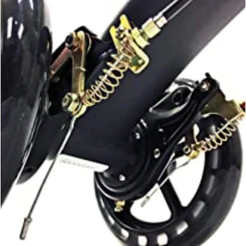 Close-up of the BodyMed Premium Knee Walker’s black wheel, showing its spring suspension and brake mechanism on the frame—features that highlight BodyMed’s mobility aid and sturdy design.