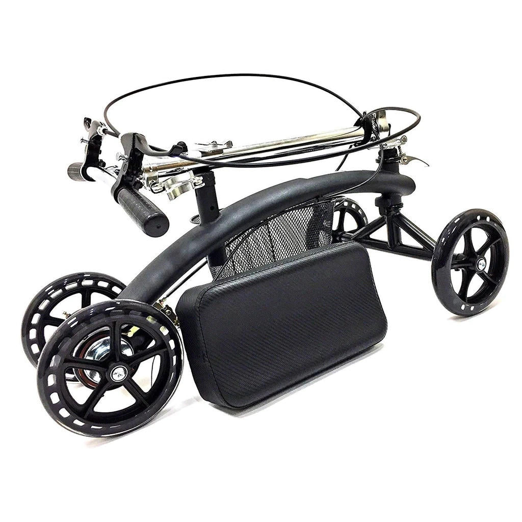 The BodyMed Premium Knee Walker by BodyMed is a black, three-wheeled mobility aid with a mesh basket and cushioned support, designed to assist users with mobility challenges.