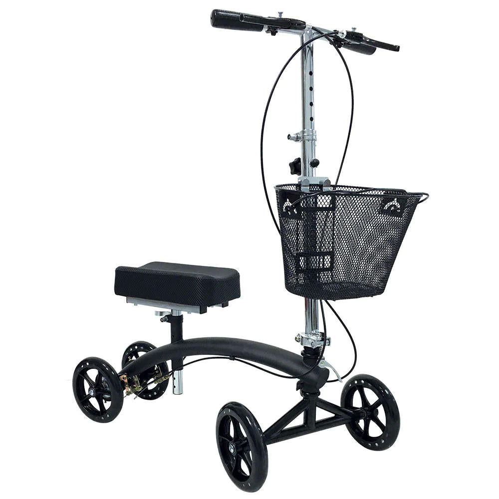 The BodyMed Premium Knee Walker by BodyMed is a black mobility aid with four wheels, a padded knee rest, handlebars, brake cables, and a front wire mesh basket.