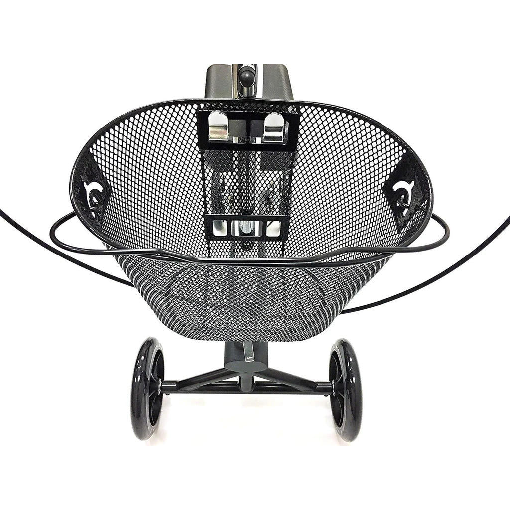 Overhead view of the BodyMed Premium Knee Walker by BodyMed, featuring a black wire mesh basket on the handlebars, dual black wheels, and visible brake cables—an ideal mobility aid for convenient transport.