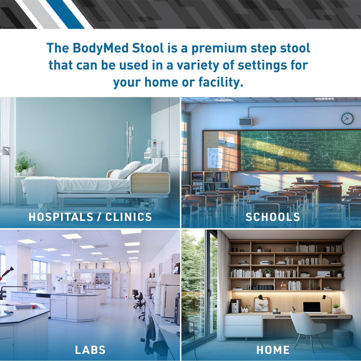 A promotional graphic for the BodyMed Step Stool by BodyMed displays images of a hospital room, classroom, lab, and home office, emphasizing its versatile use in hospitals, schools, labs, and home environments.
