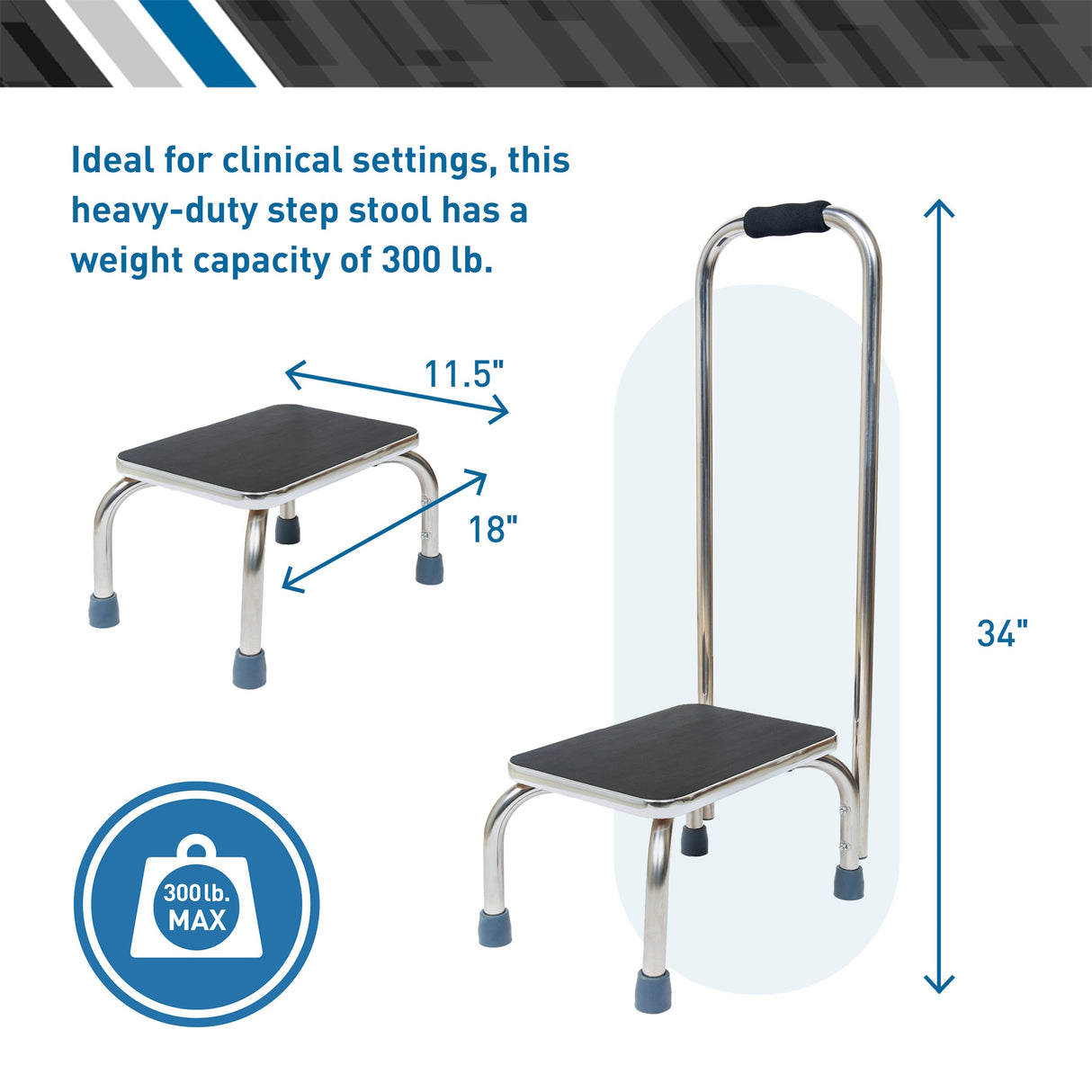 The BodyMed Step Stool with Handle by BodyMed is 34 tall, has an 11.5 x 18 step, supports up to 300 lbs., and features rubber-tipped legs plus a padded handle for safety—ideal for clinical use.