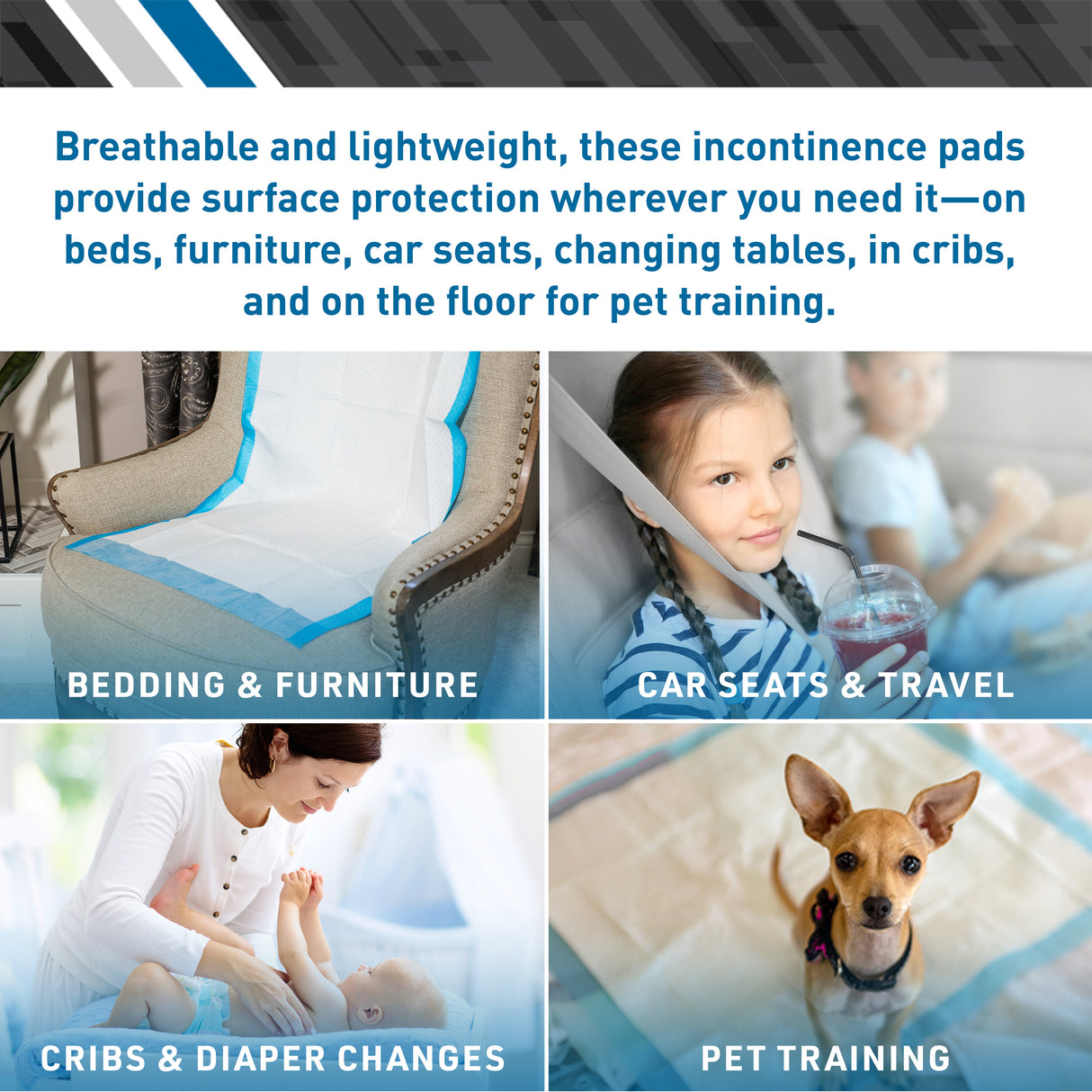 A graphic shows BodyMed Disposable Underpads, Heavy Absorbency by BodyMed used on a chair, car seat, changing pad, and pet bed—ideal for beds, furniture, cars, cribs, and pet training.