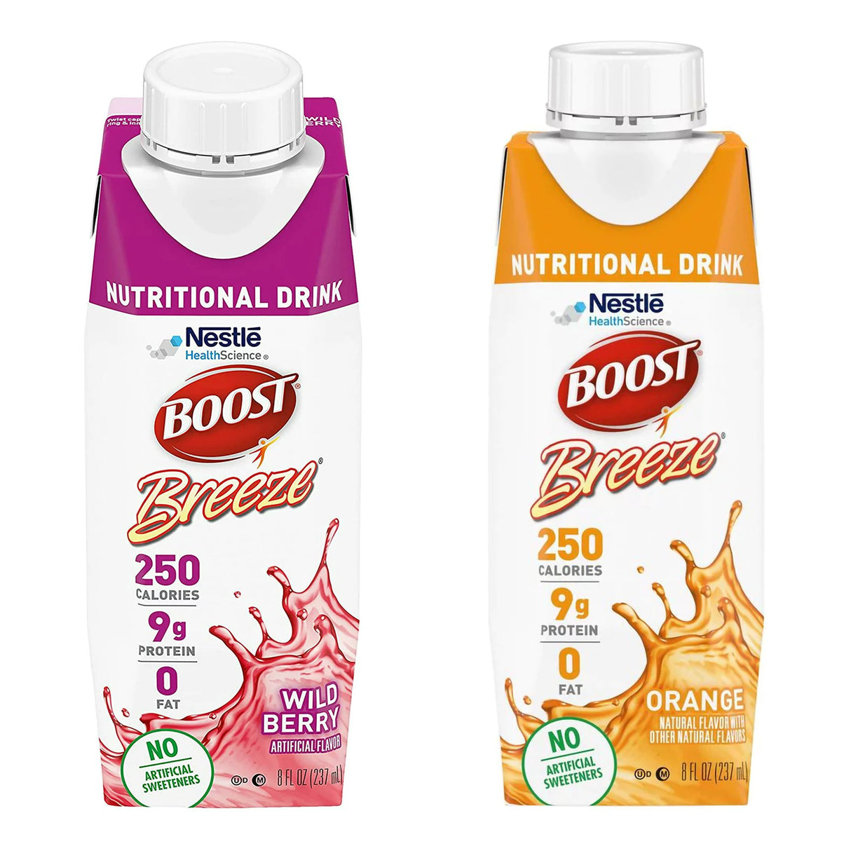 Two cartons of Nestle Nutrition Boost Breeze Variety Pack, 8 oz each, provide 250 calories and 9g protein per serving with no artificial sweeteners; includes wild berry (pink splash) and orange (orange splash) flavors.