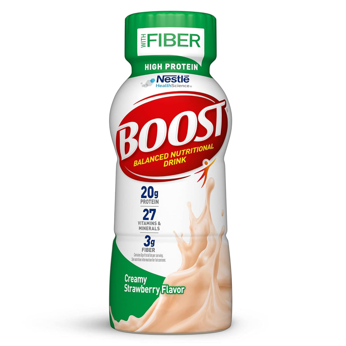 Nestle Nutrition Boost High Protein, Creamy Strawberry, 8 oz bottle has 20g protein, 27 vitamins & minerals, and 3g fiber. The label is green, red, and white with a splash of strawberry protein shake pictured.