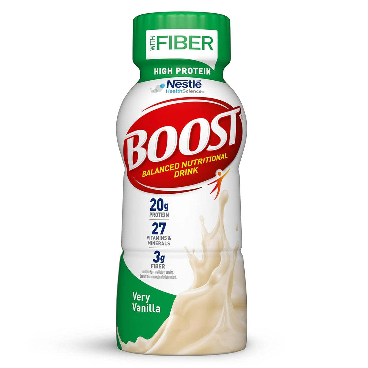 A Nestle Boost High Protein Very Vanilla 8 oz bottle from Nestle Nutrition features 20g protein, 27 vitamins & minerals, and 3g fiber on a green, red, and white label with a splash of vanilla liquid. Available in cases of 24.