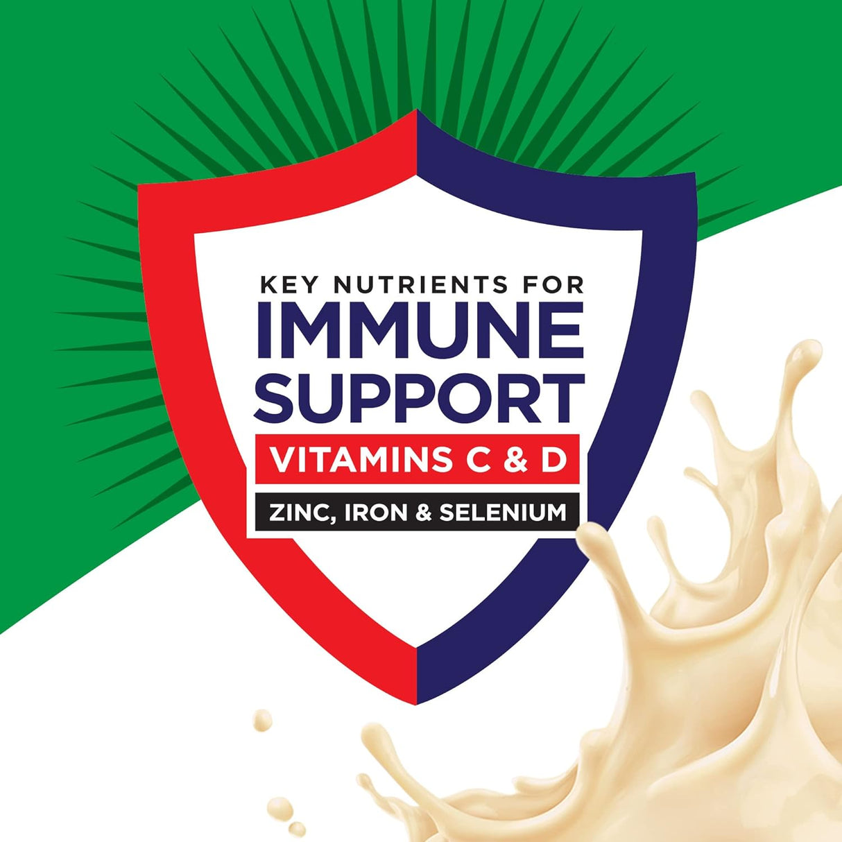 A shield graphic with Key Nutrients for Immune Support highlights Vitamins C & D, Zinc, Iron & Selenium. Milk splashes adorn the green-white background—ideal for Nestle Boost High Protein, Very Vanilla (8 oz Bottle, CS/24) by Nestle Nutrition.