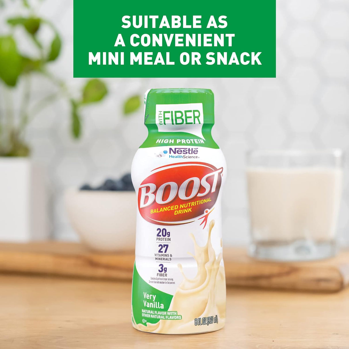 A Nestle Nutrition Boost High Protein, Very Vanilla 8 oz bottle (CS/24) sits on a wooden surface with a smoothie and berries behind it. Text reads: Suitable as a convenient mini meal or snack for muscle health.