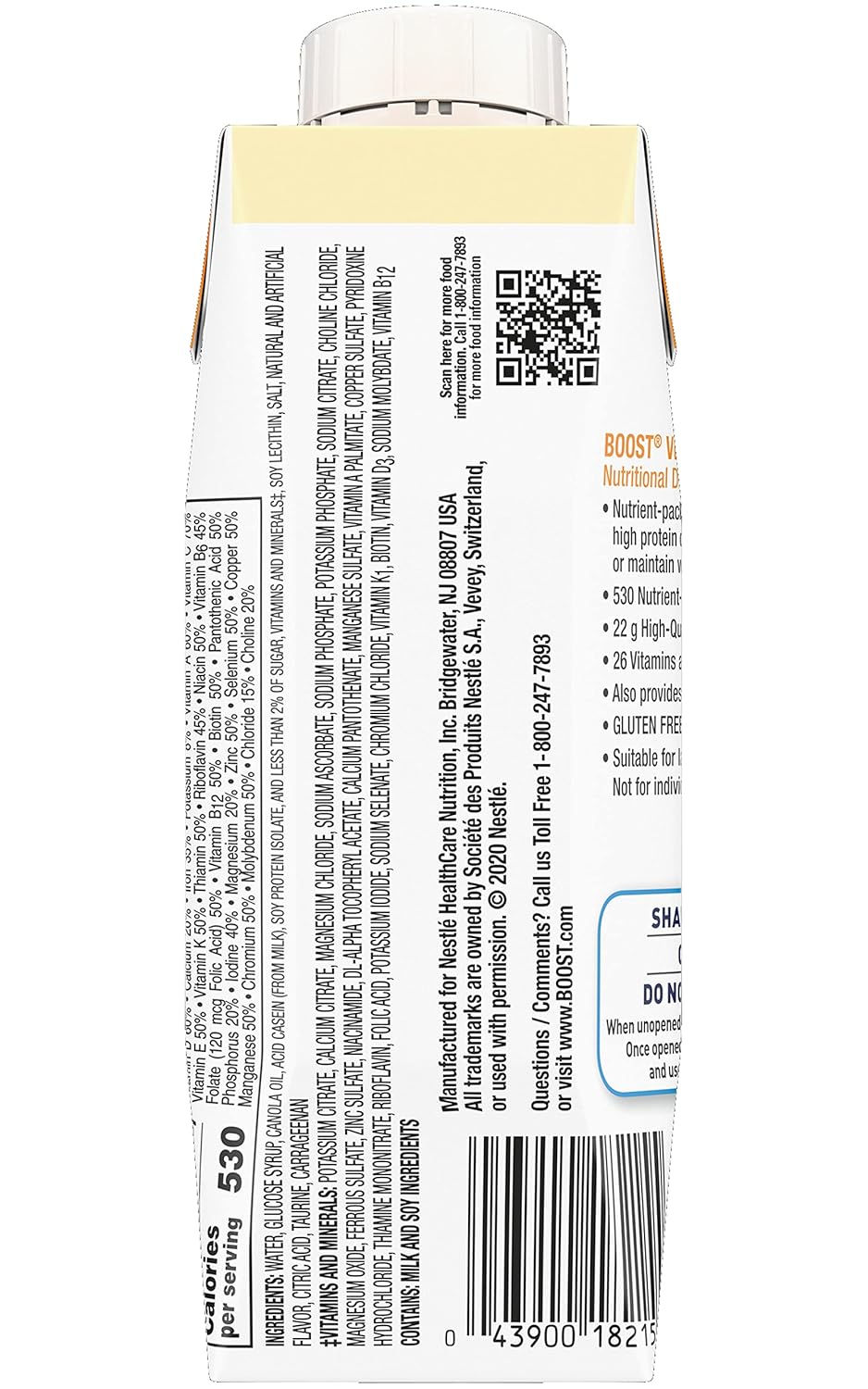 Side view of a Nestle Boost Very High Calorie (VHC), Very Vanilla, 8 oz carton by Nestle Nutrition, showing nutrition facts, high protein info, ingredients, manufacturer details, barcode, and QR code on a white and orange label. Case of 24.