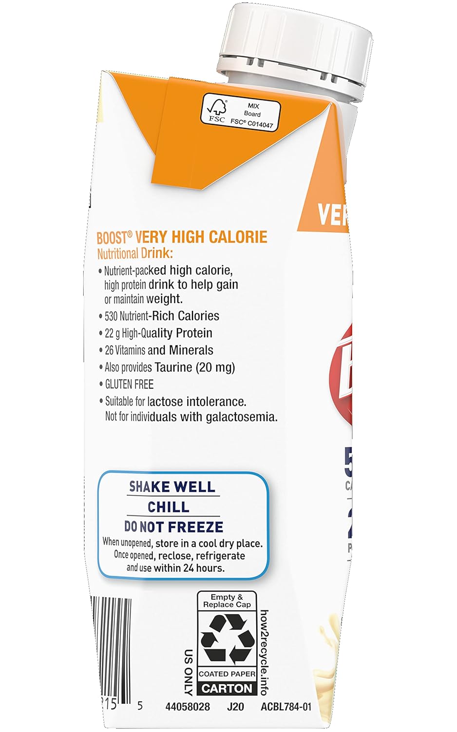 A Nestle Nutrition Boost Very High Calorie (VHC) Very Vanilla 8 oz carton highlights high protein, with shake well and chill instructions, plus storage and use guidelines on the side panel. Packed as a case of 24.