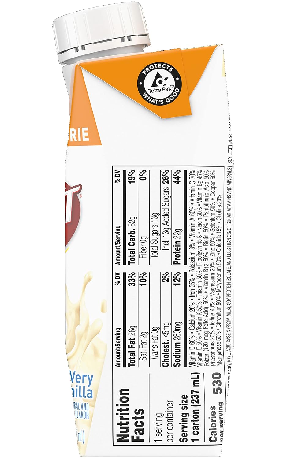 A close-up of the nutrition label on a Nestle Nutrition Boost Very High Calorie (VHC), Very Vanilla, 8 oz carton (Case/24) shows calories, protein, fat, and vitamins. Part of the carton and its white cap are also visible.