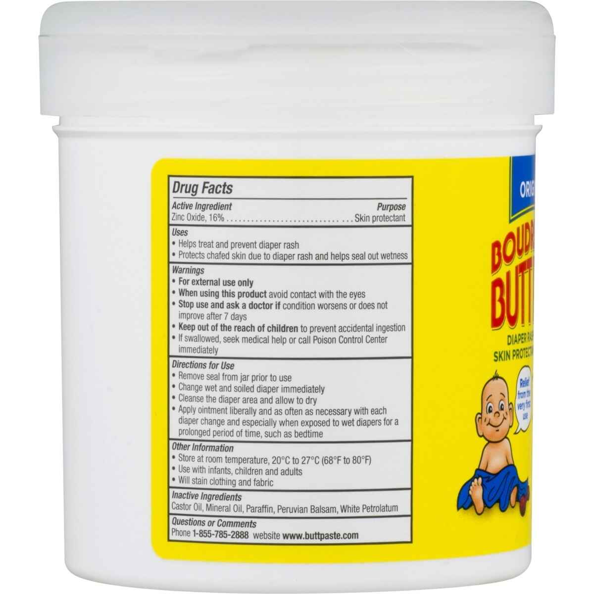 A white container of Boudreauxs Butt Paste Rash Cream, Original features a yellow label with drug facts, uses, warnings, directions, and a smiling cartoon baby. Contains zinc oxide for effective relief. Brand: Boudreauxs Butt Paste.