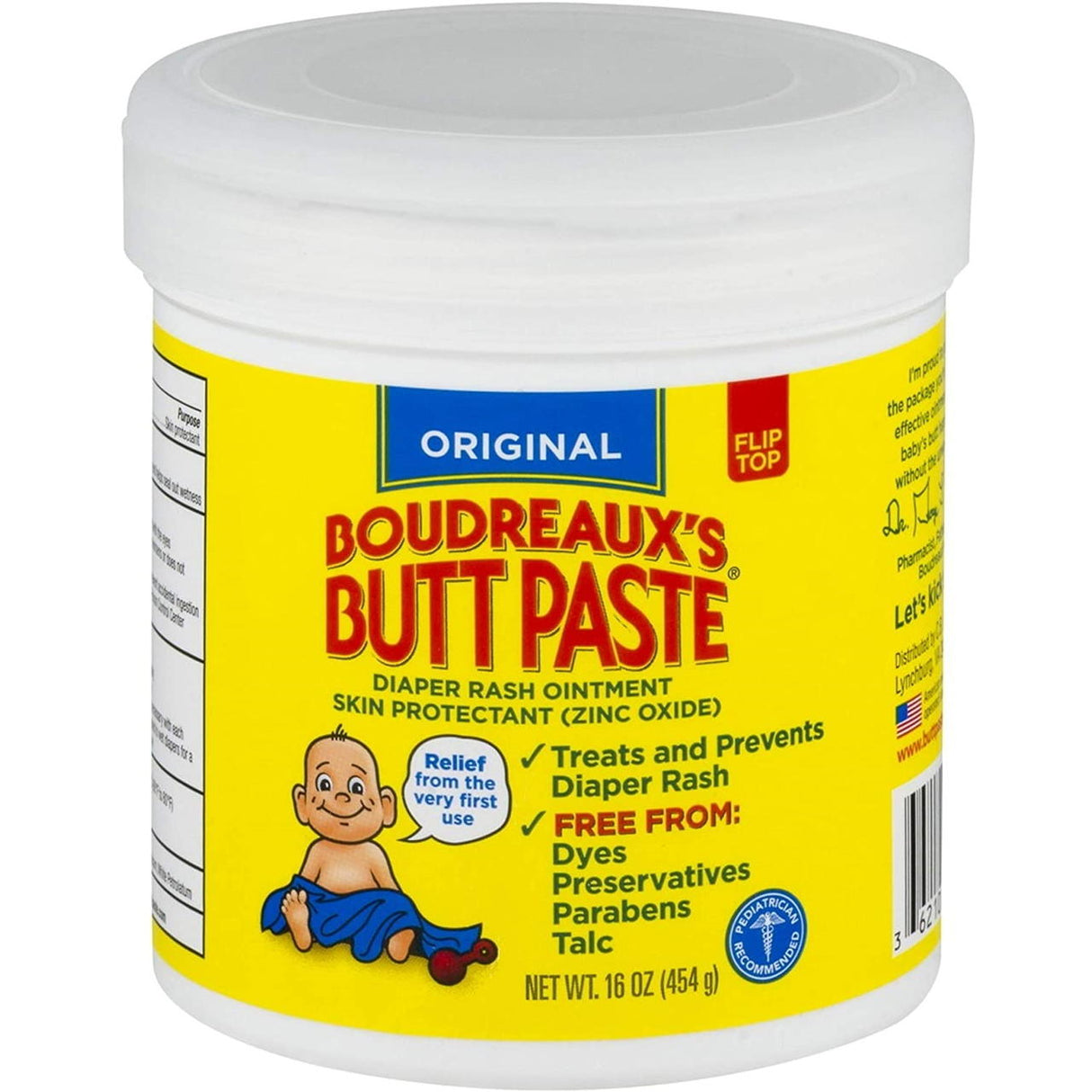 A container of Boudreauxs Butt Paste Rash Cream, Original features a cartoon baby, product info, and claims like treats and prevents diaper rash with zinc oxide. It’s free from dyes, preservatives, parabens, and talc.