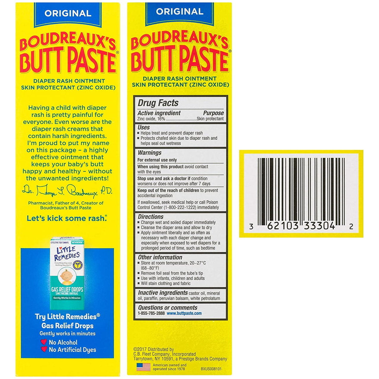 Front and back of a Boudreauxs Butt Paste Rash Cream, Original box, showing product use info, zinc oxide ingredients, warnings, directions, and a barcode on a yellow background. Brand: Boudreauxs Butt Paste.