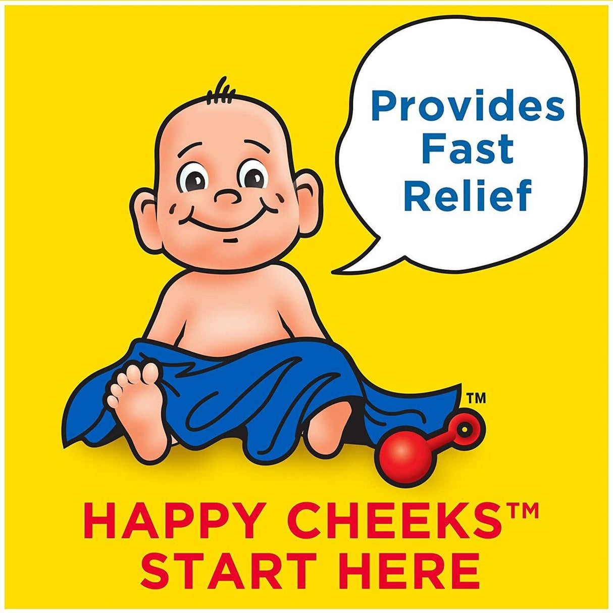A smiling cartoon baby wrapped in a blue blanket sits beside a red rattle. A speech bubble says “Provides Fast Relief with zinc oxide.” At the bottom, text reads: Boudreauxs Butt Paste Rash Cream, Original – HAPPY CHEEKS™ START HERE.