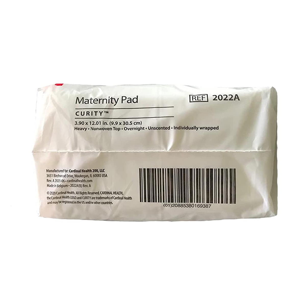 A white package labeled Cardinal Health Curity OB Maternity Pad, Heavy features product details, barcode, and reference number 2022A. The packaging states these are nonwoven, unscented, overnight heavy flow pads, individually wrapped.